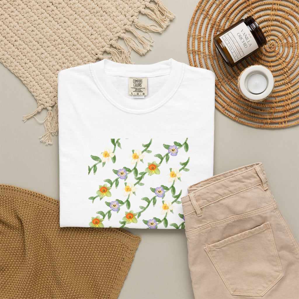 Floral Vine Pattern T-Shirt — Yellow & Purple Blossom Graphic Tee