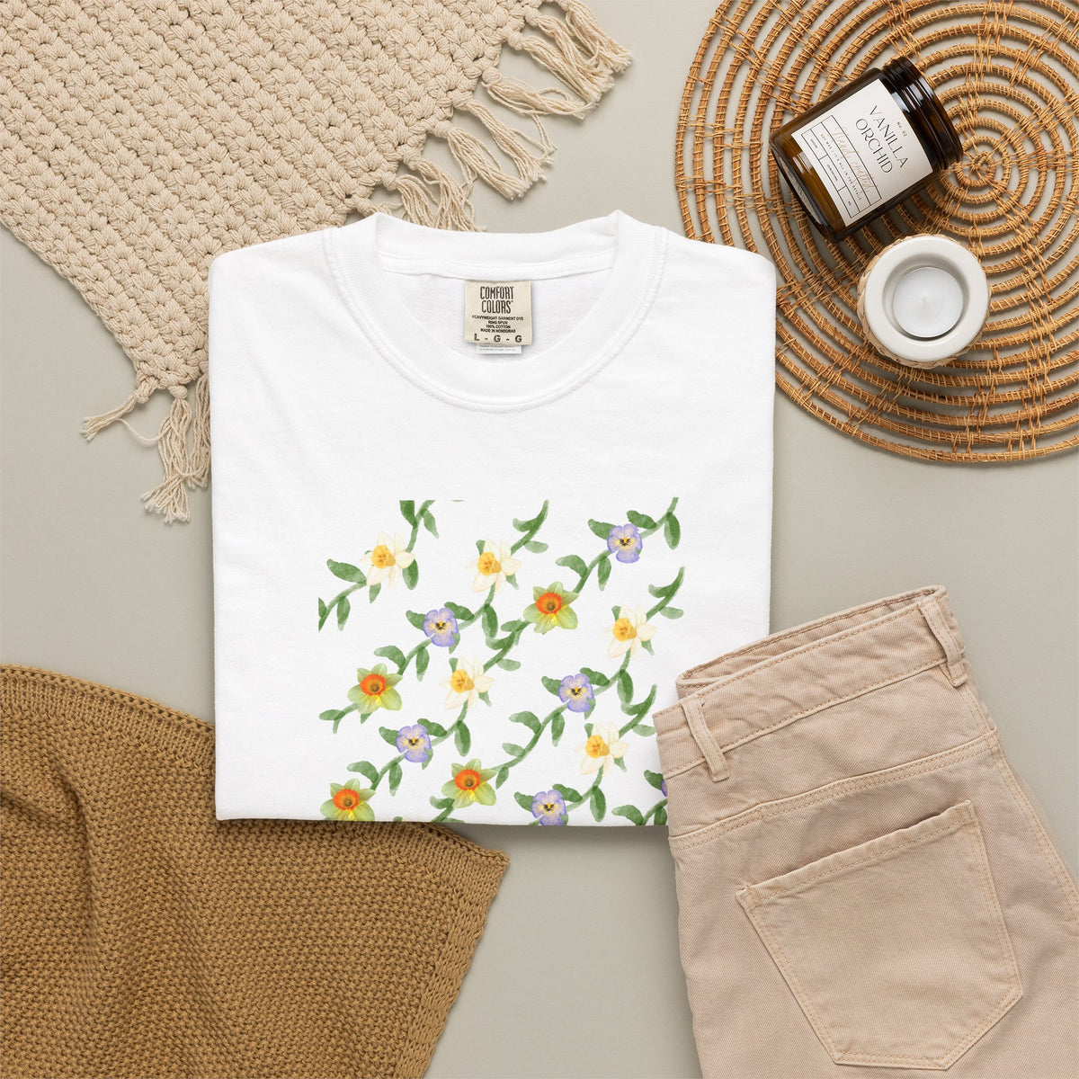 Floral Vine Pattern T-Shirt — Yellow & Purple Blossom Graphic Tee