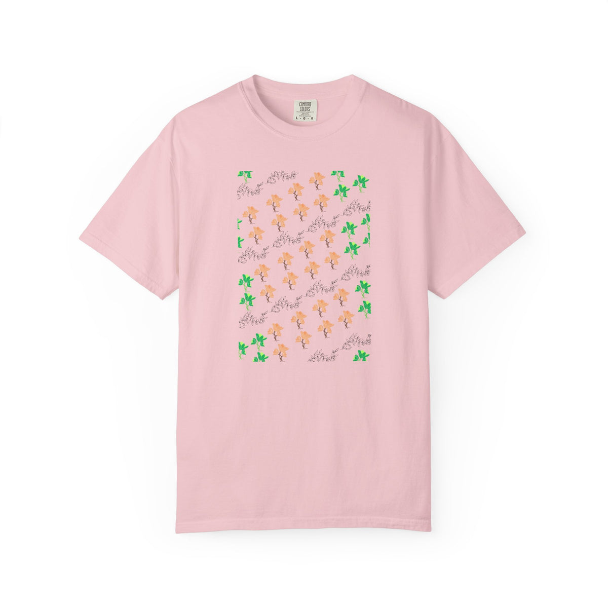 Floral Script T-Shirt — Peach Blossoms & Green Leaves Pattern
