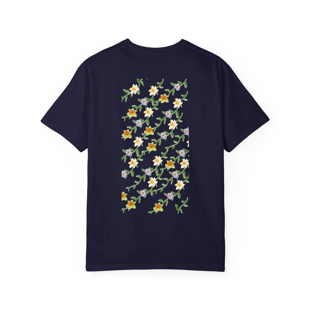 Floral Vine Pattern T-Shirt — Yellow & Purple Blossom Graphic Tee