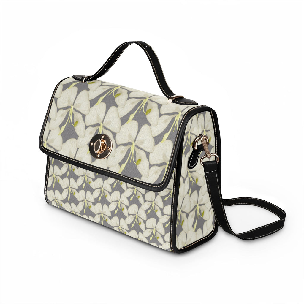 Floral Waterproof Canvas Bag – Gray White Plumeria Print Crossbody Tote