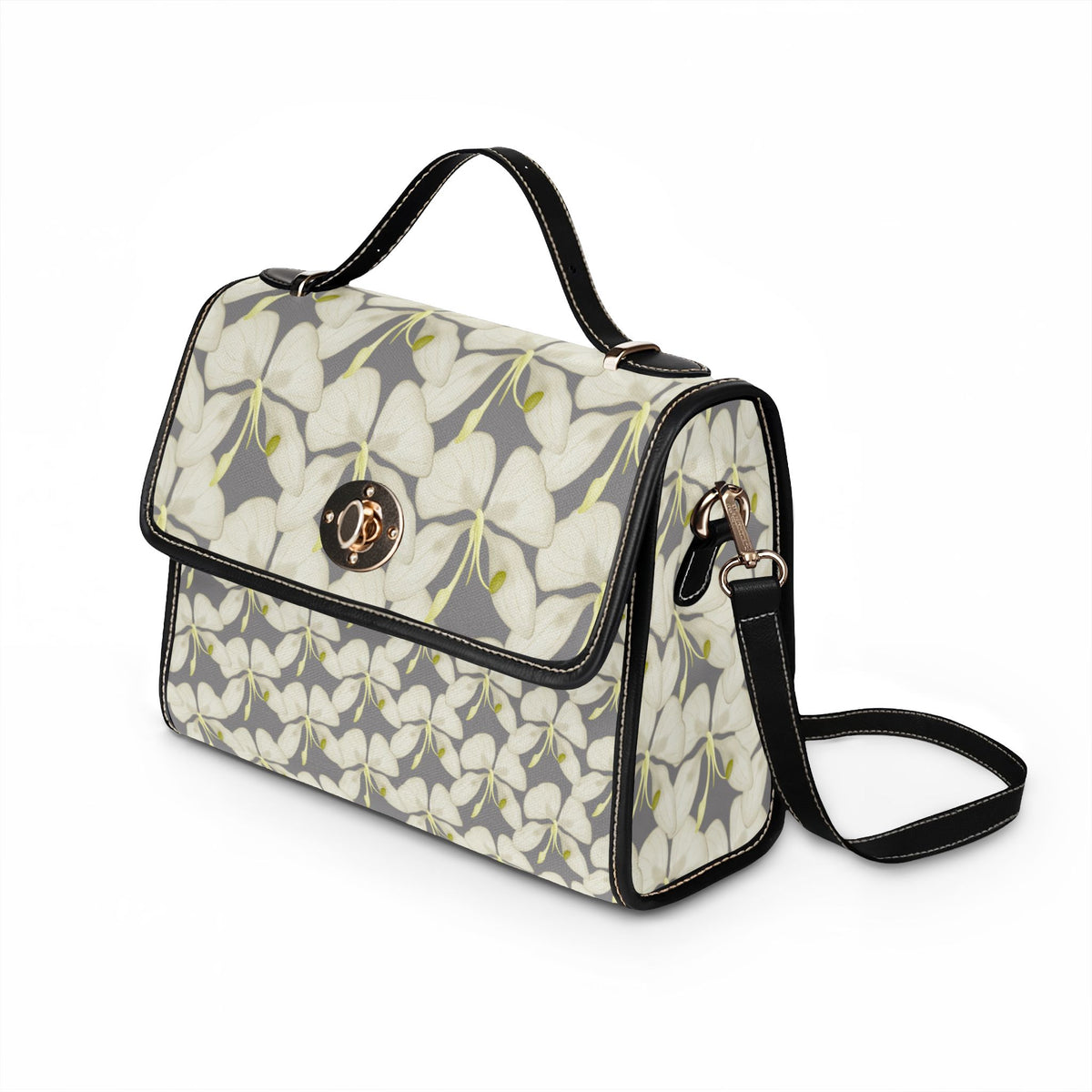 Floral Waterproof Canvas Bag – Gray White Plumeria Print Crossbody Tote