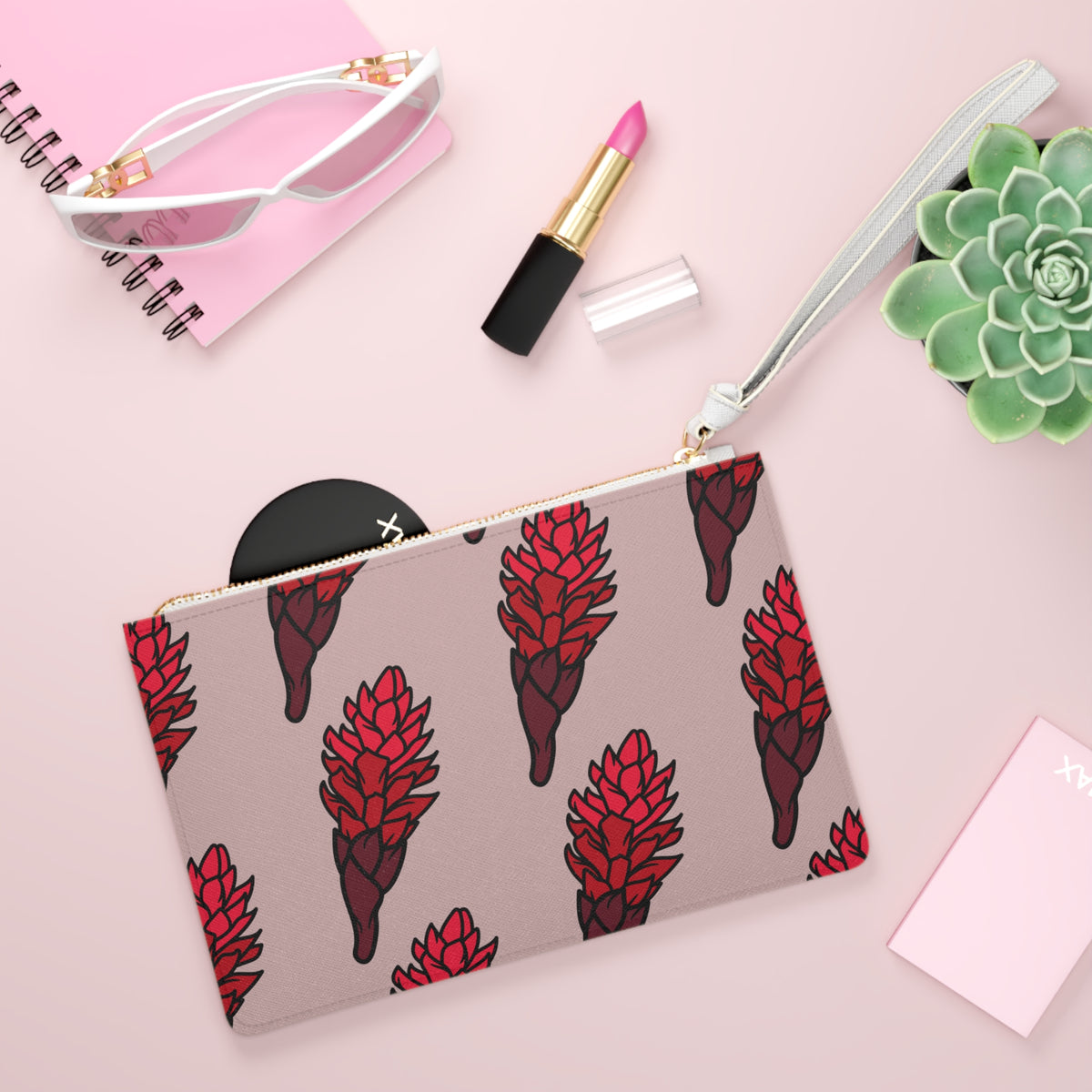 Red Ginger Floral Clutch Bag — Tropical Botanical Wristlet for Vacation & Gifts