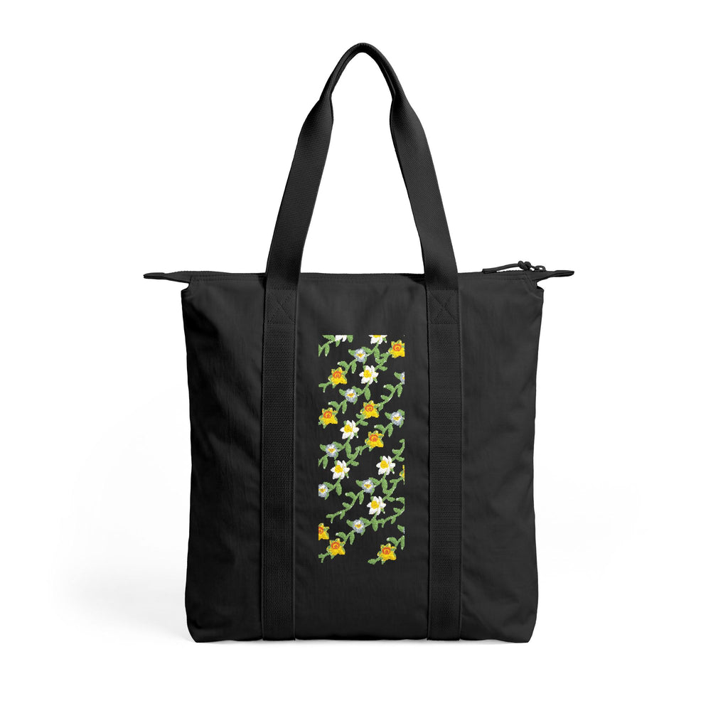 Tote Bag — Black Floral Nomad Carry-All Tote with Vertical Daisy & Marigold Print