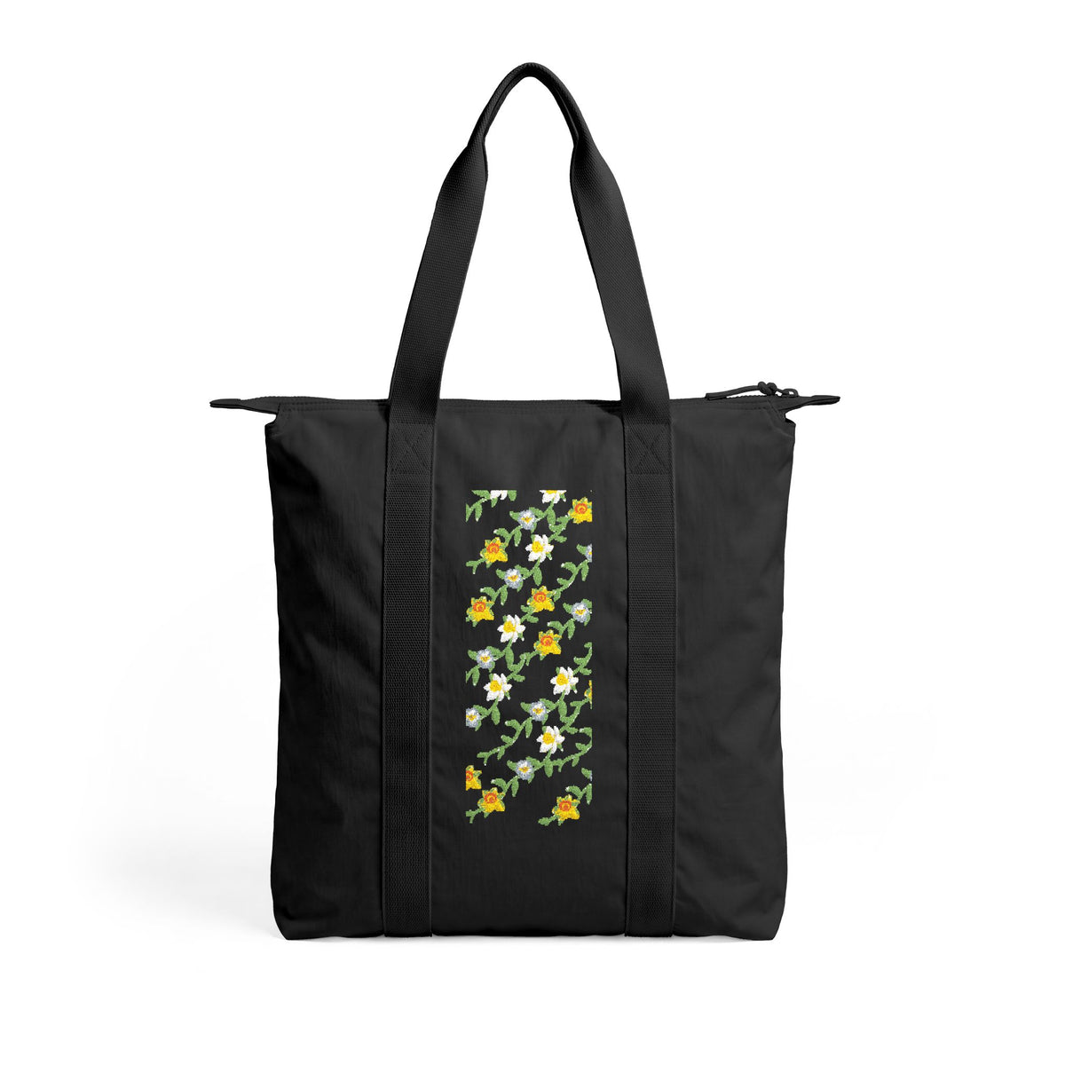 Tote Bag — Black Floral Nomad Carry-All Tote with Vertical Daisy & Marigold Print