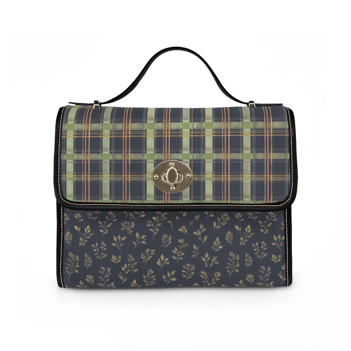 Waterproof Canvas Satchel — Green Plaid & Floral Print Tote Bag
