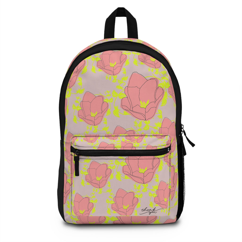 Floral 'Thank You' Backpack – Pink Tulip Pattern, Cute Spring Daypack
