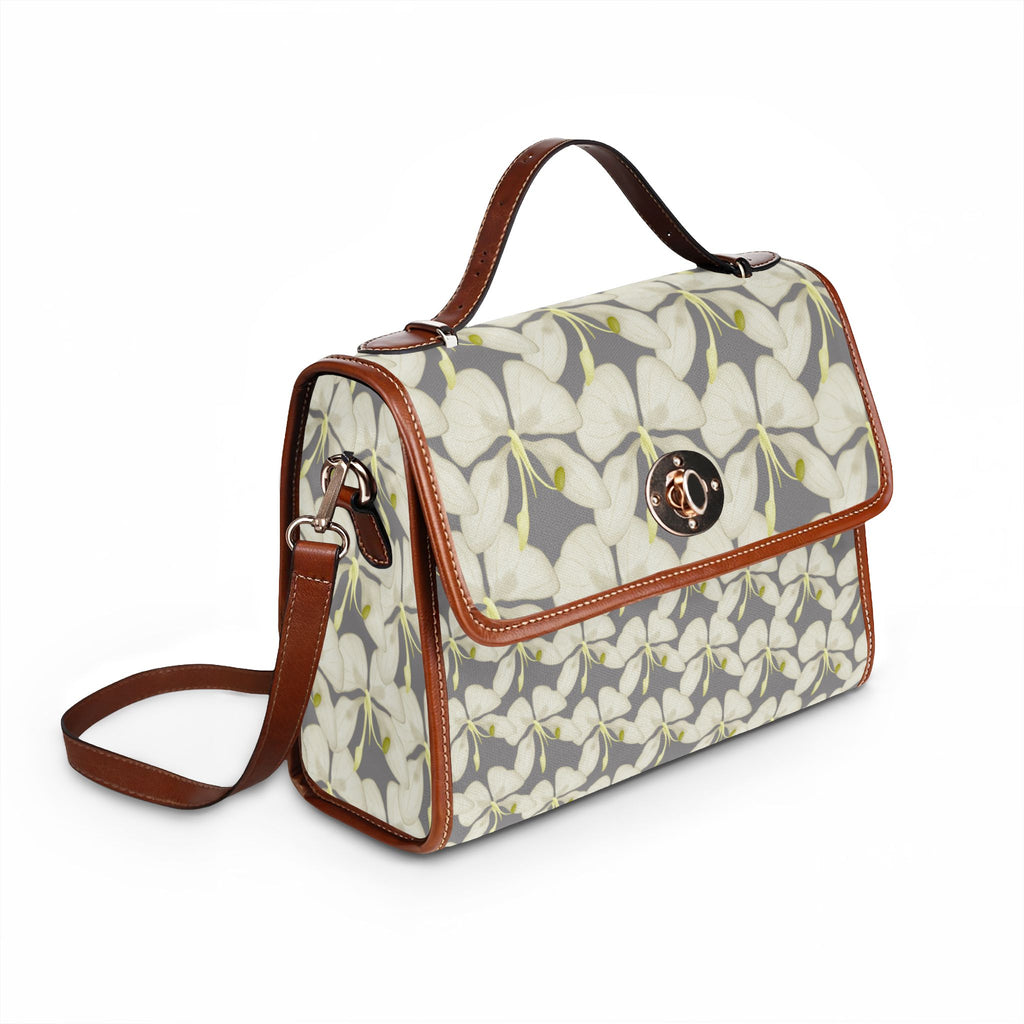 Floral Waterproof Canvas Bag – Gray White Plumeria Print Crossbody Tote