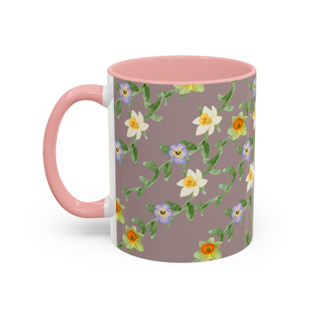 Floral Vine Accent Coffee Mug — Handpainted Daffodil & Violet Pattern (11/15oz)