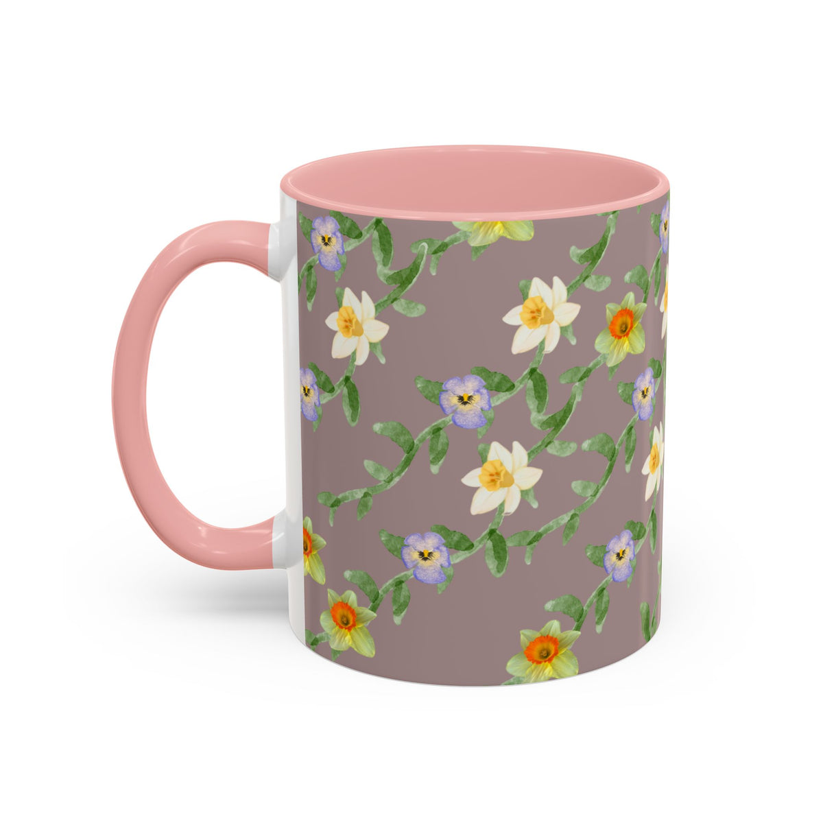 Floral Vine Accent Coffee Mug — Handpainted Daffodil & Violet Pattern (11/15oz)
