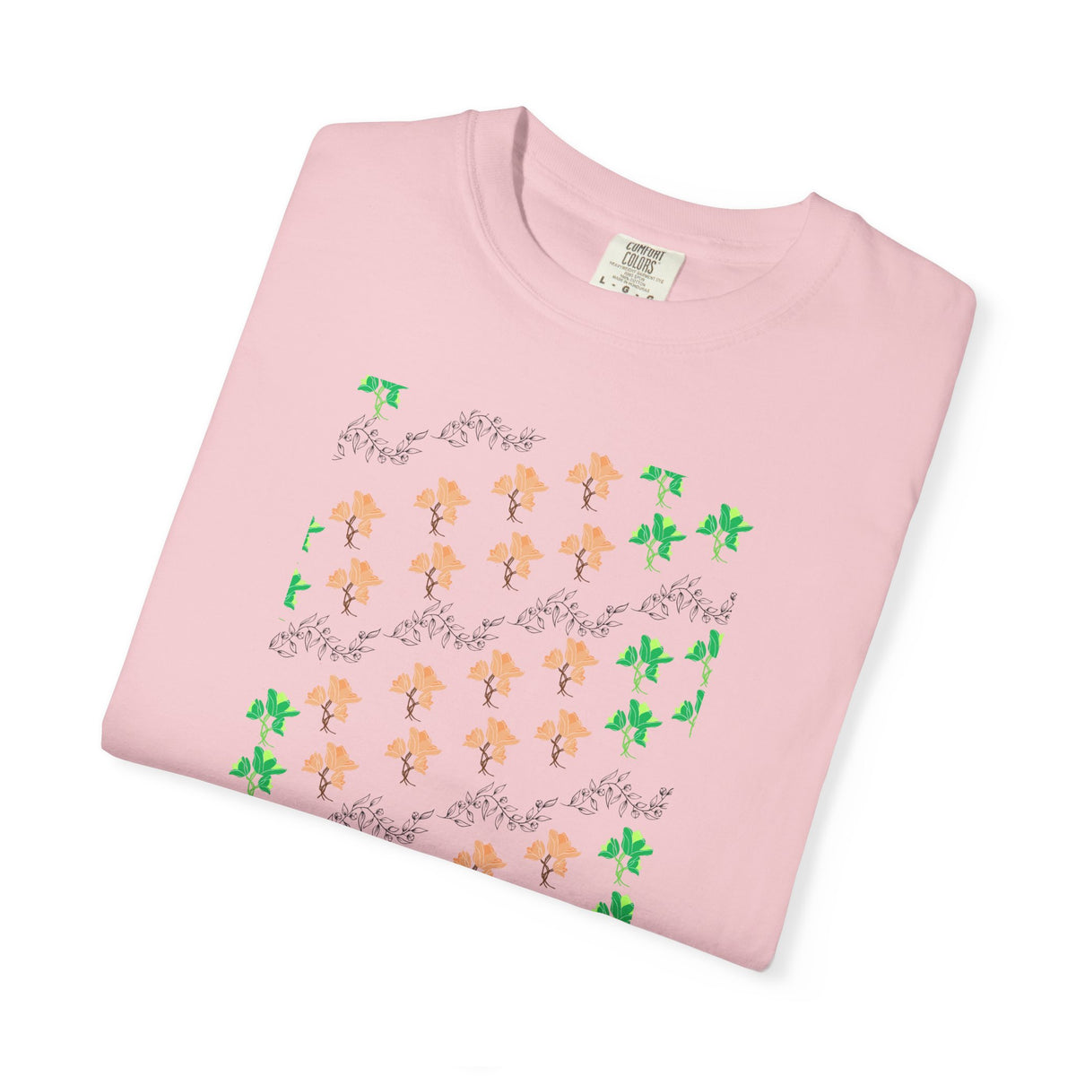 Floral Script T-Shirt — Peach Blossoms & Green Leaves Pattern