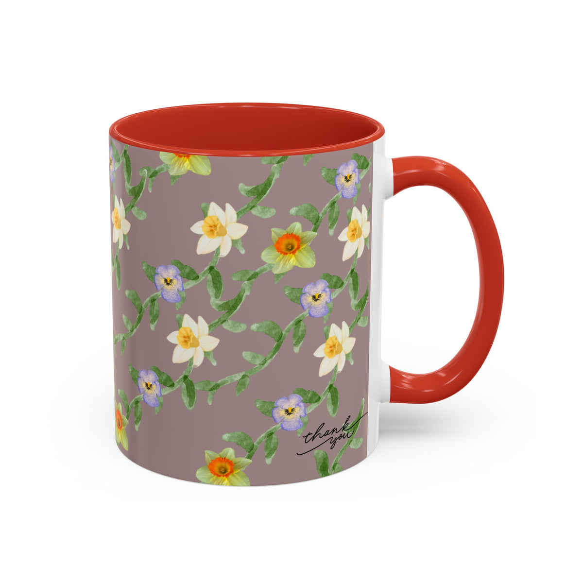 Floral Vine Accent Coffee Mug — Handpainted Daffodil & Violet Pattern (11/15oz)