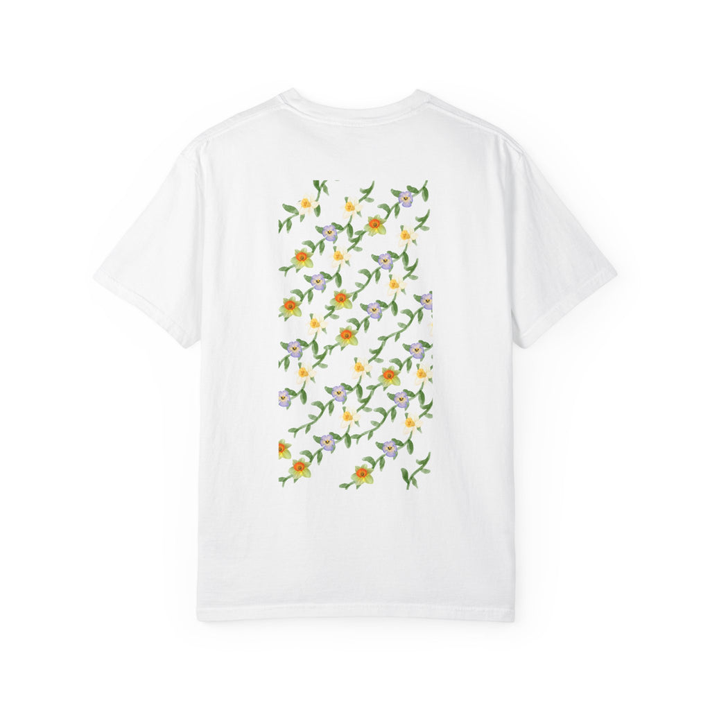 Floral Vine Pattern T-Shirt — Yellow & Purple Blossom Graphic Tee