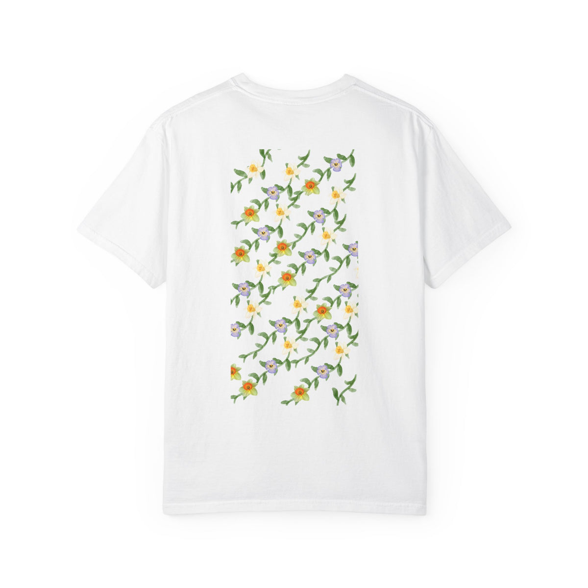 Floral Vine Pattern T-Shirt — Yellow & Purple Blossom Graphic Tee