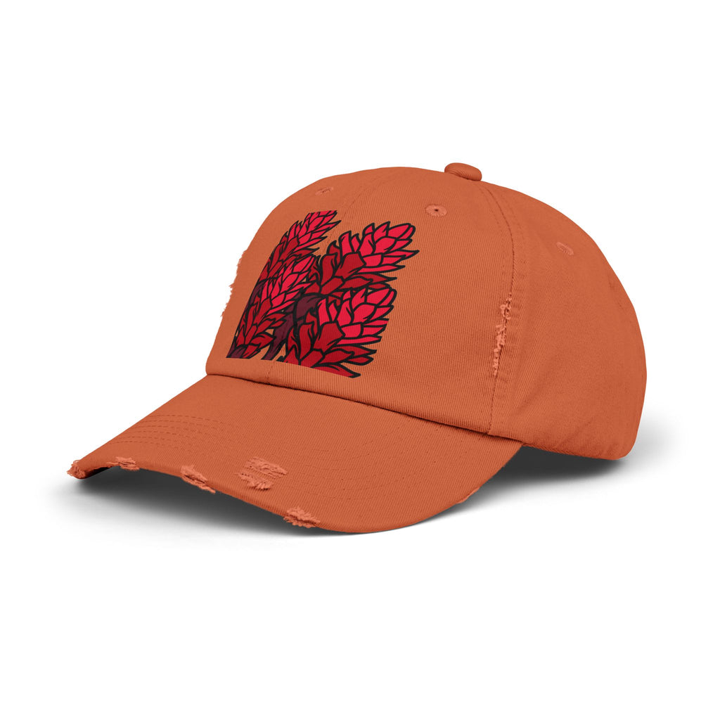 Distressed Black Cap with Red Leaf Patch — Floral Graphic Dad Hat