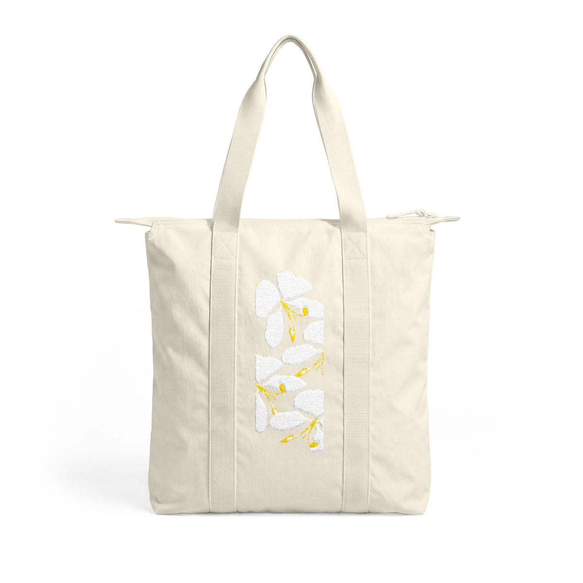 Floral Nomad Tote Bag — Black Carry-All with White & Yellow Blossom Stripe
