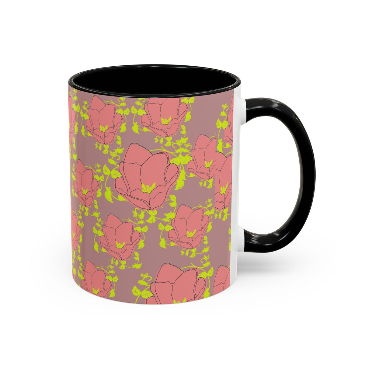 Pink Floral Accent Coffee Mug — Retro Bloom Pattern (11/15oz)