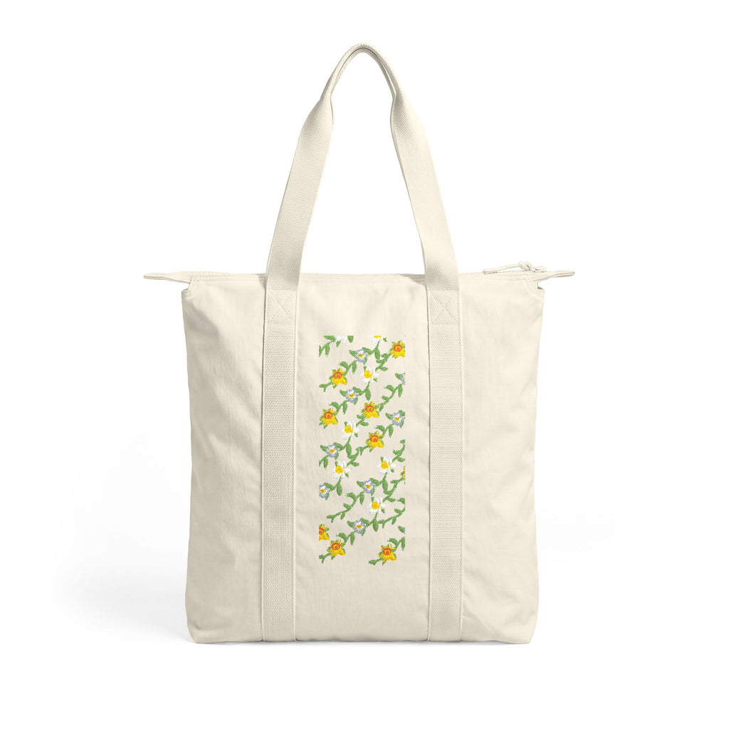 Tote Bag — Black Floral Nomad Carry-All Tote with Vertical Daisy & Marigold Print