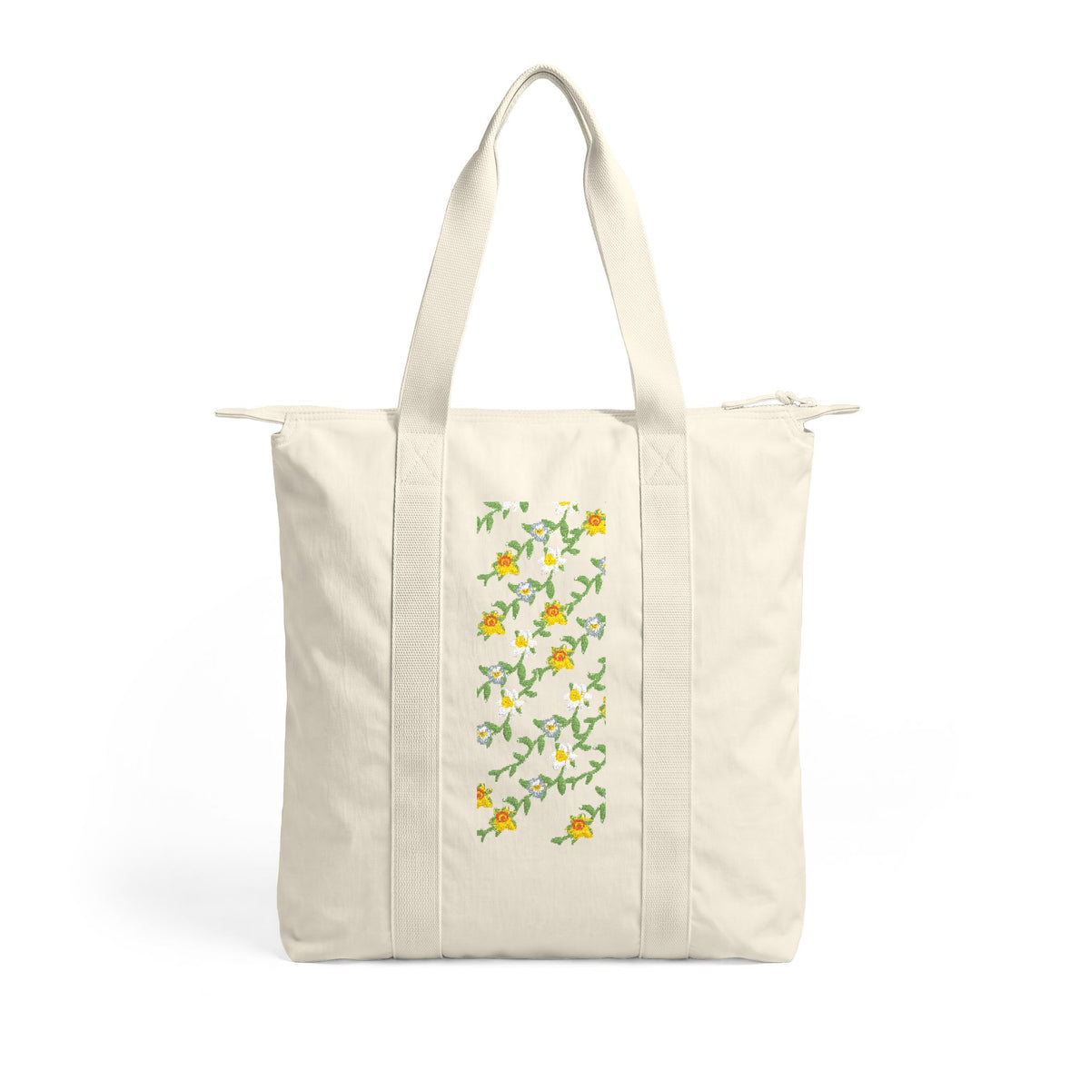 Tote Bag — Black Floral Nomad Carry-All Tote with Vertical Daisy & Marigold Print