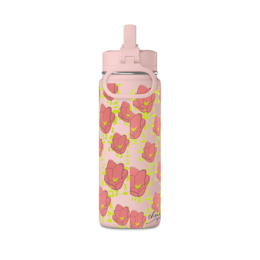 20oz Floral Water Bottle — Pink Poppy Pattern