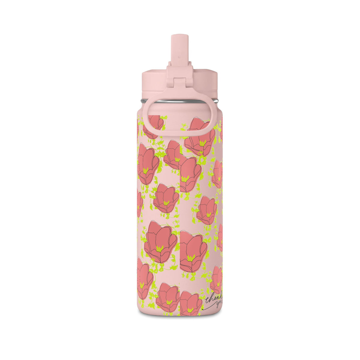 20oz Floral Water Bottle — Pink Poppy Pattern