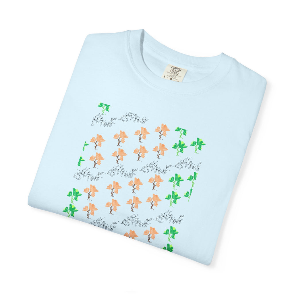 Floral Script T-Shirt — Peach Blossoms & Green Leaves Pattern