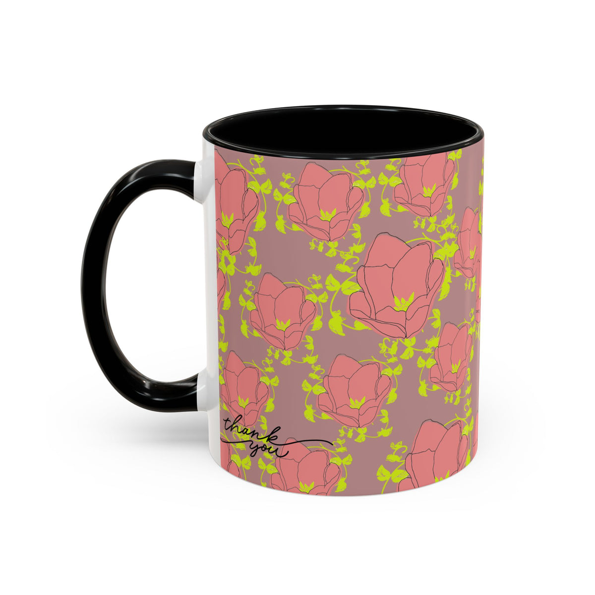 Pink Floral Accent Coffee Mug — Retro Bloom Pattern (11/15oz)