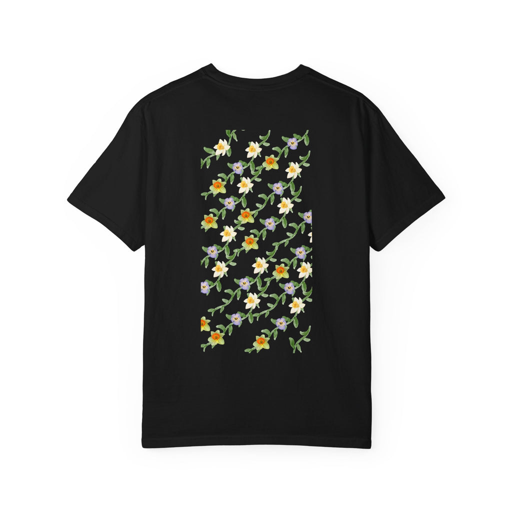 Floral Vine Pattern T-Shirt — Yellow & Purple Blossom Graphic Tee