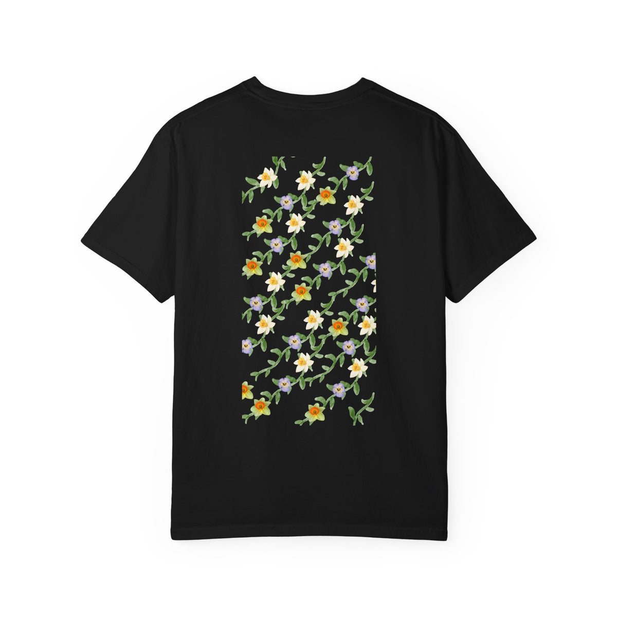 Floral Vine Pattern T-Shirt — Yellow & Purple Blossom Graphic Tee