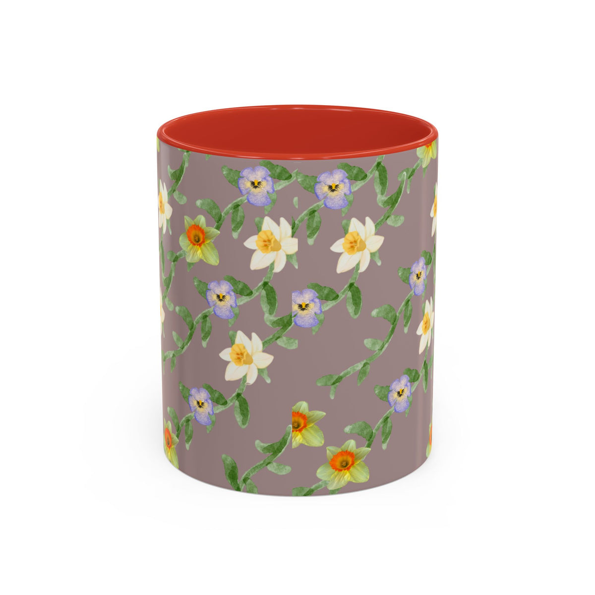 Floral Vine Accent Coffee Mug — Handpainted Daffodil & Violet Pattern (11/15oz)