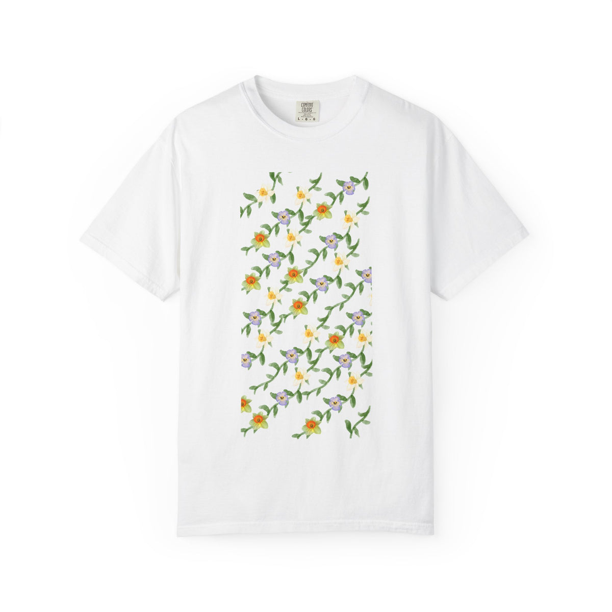 Floral Vine Pattern T-Shirt — Yellow & Purple Blossom Graphic Tee