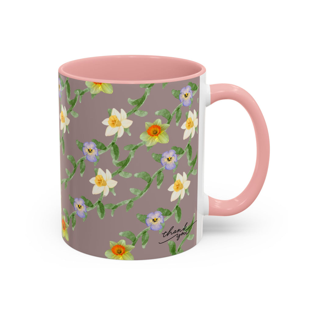 Floral Vine Accent Coffee Mug — Handpainted Daffodil & Violet Pattern (11/15oz)