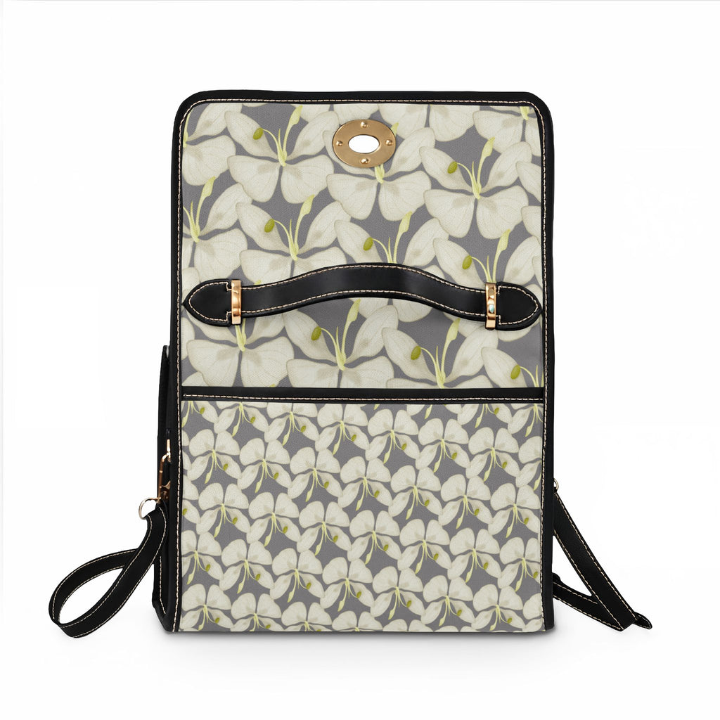 Floral Waterproof Canvas Bag – Gray White Plumeria Print Crossbody Tote