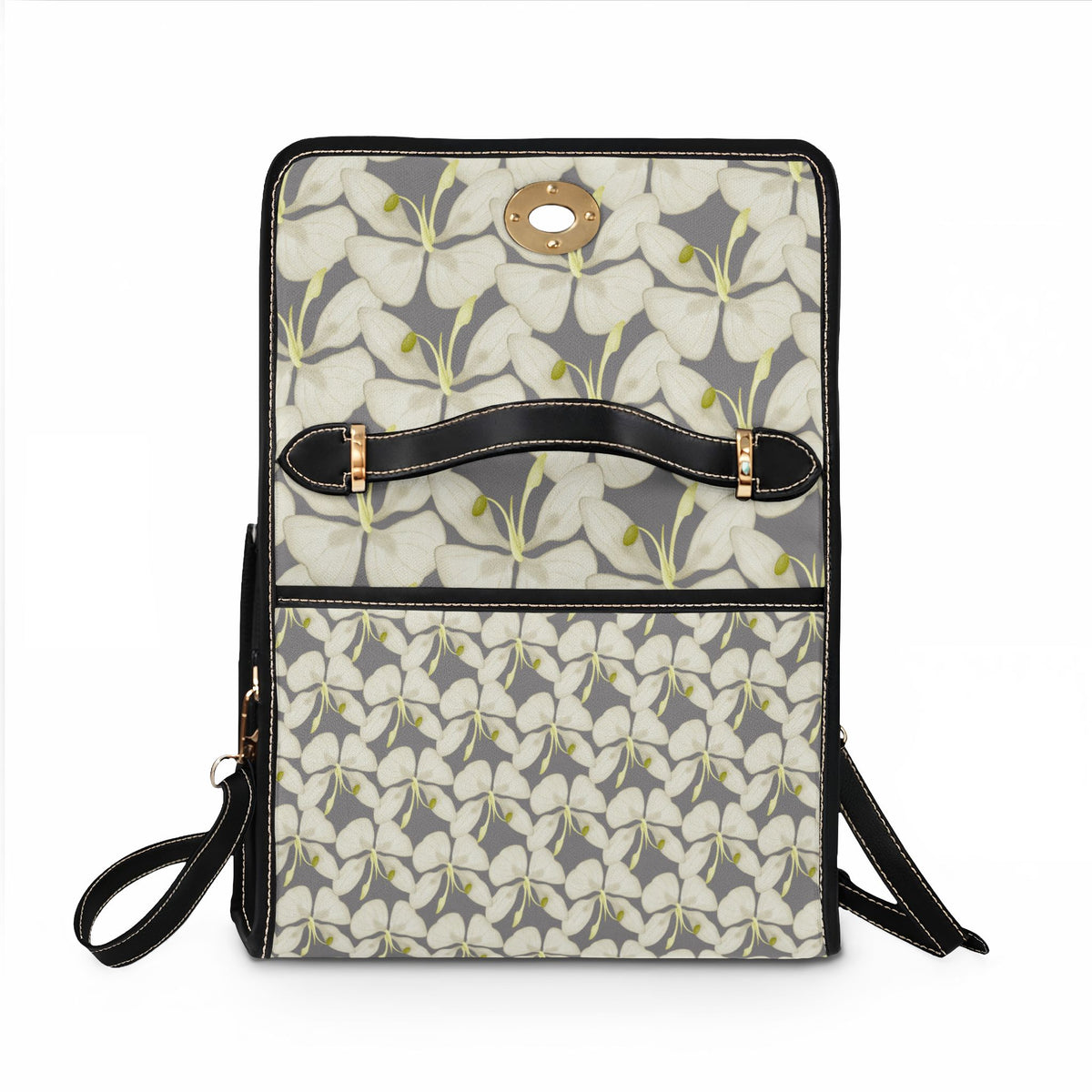 Floral Waterproof Canvas Bag – Gray White Plumeria Print Crossbody Tote