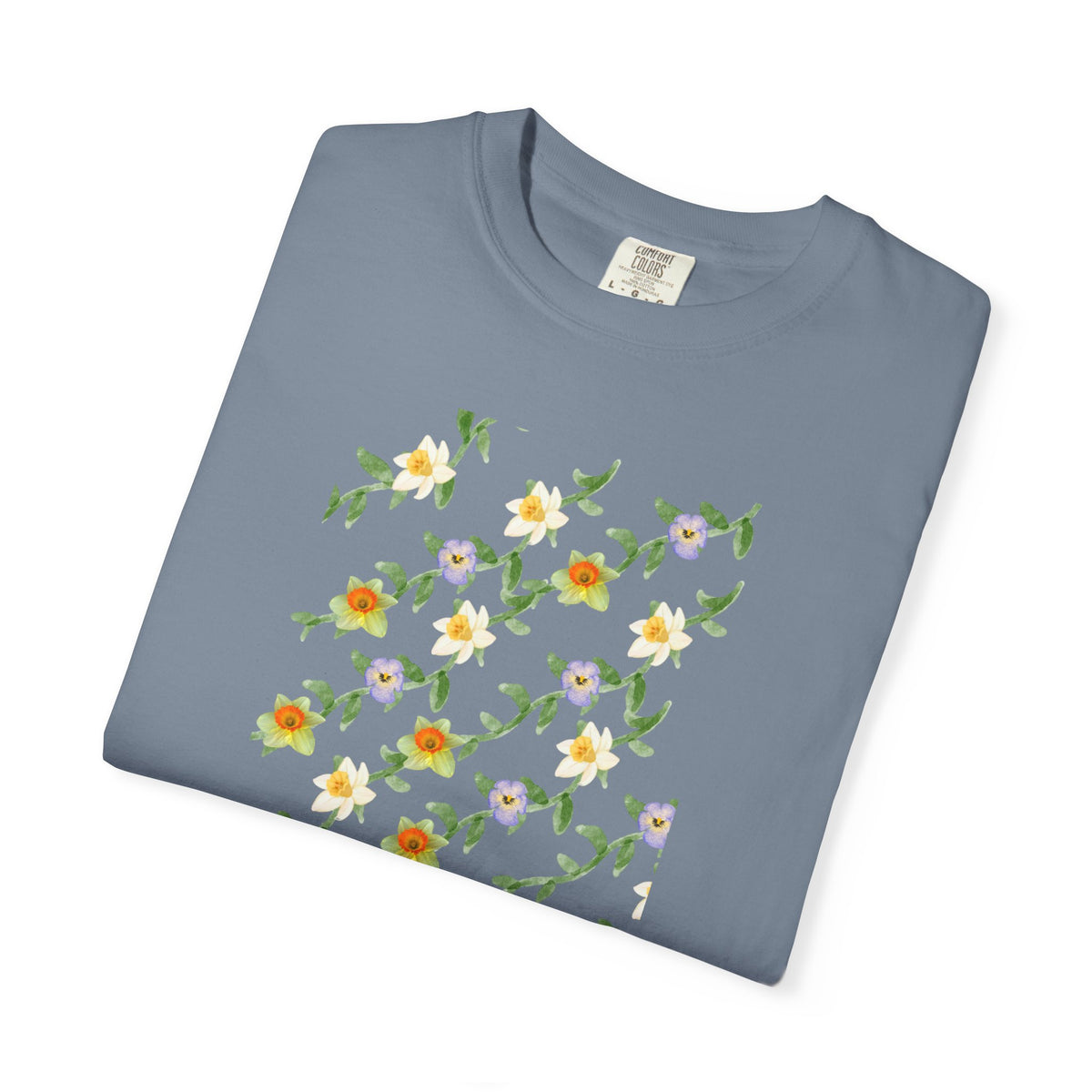 Floral Vine Pattern T-Shirt — Yellow & Purple Blossom Graphic Tee