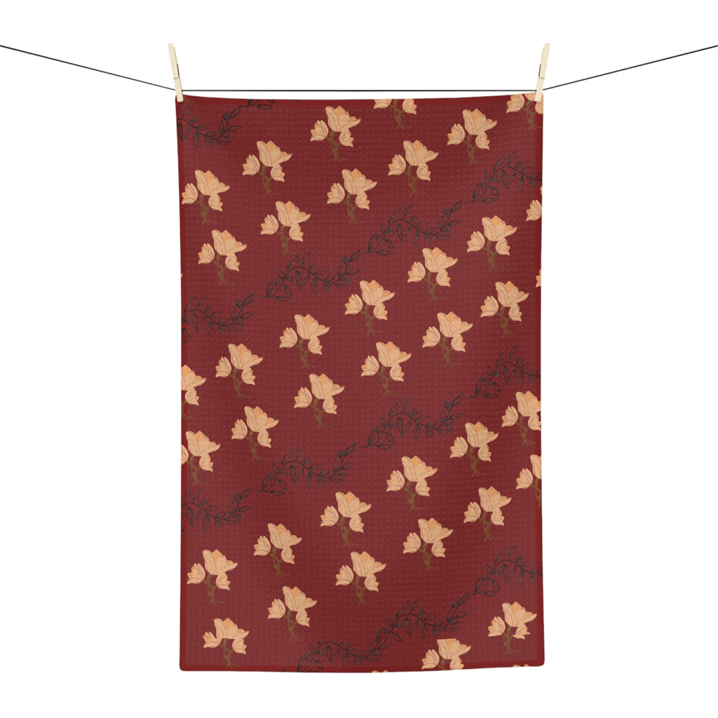 Autumn Leaves Microfiber Tea Towel — Burgundy Fall Leaf Kitchen Towel