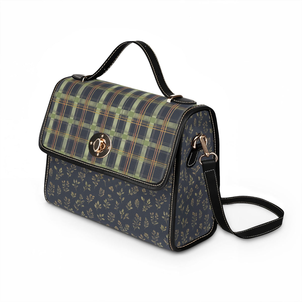 Waterproof Canvas Satchel — Green Plaid & Floral Print Tote Bag