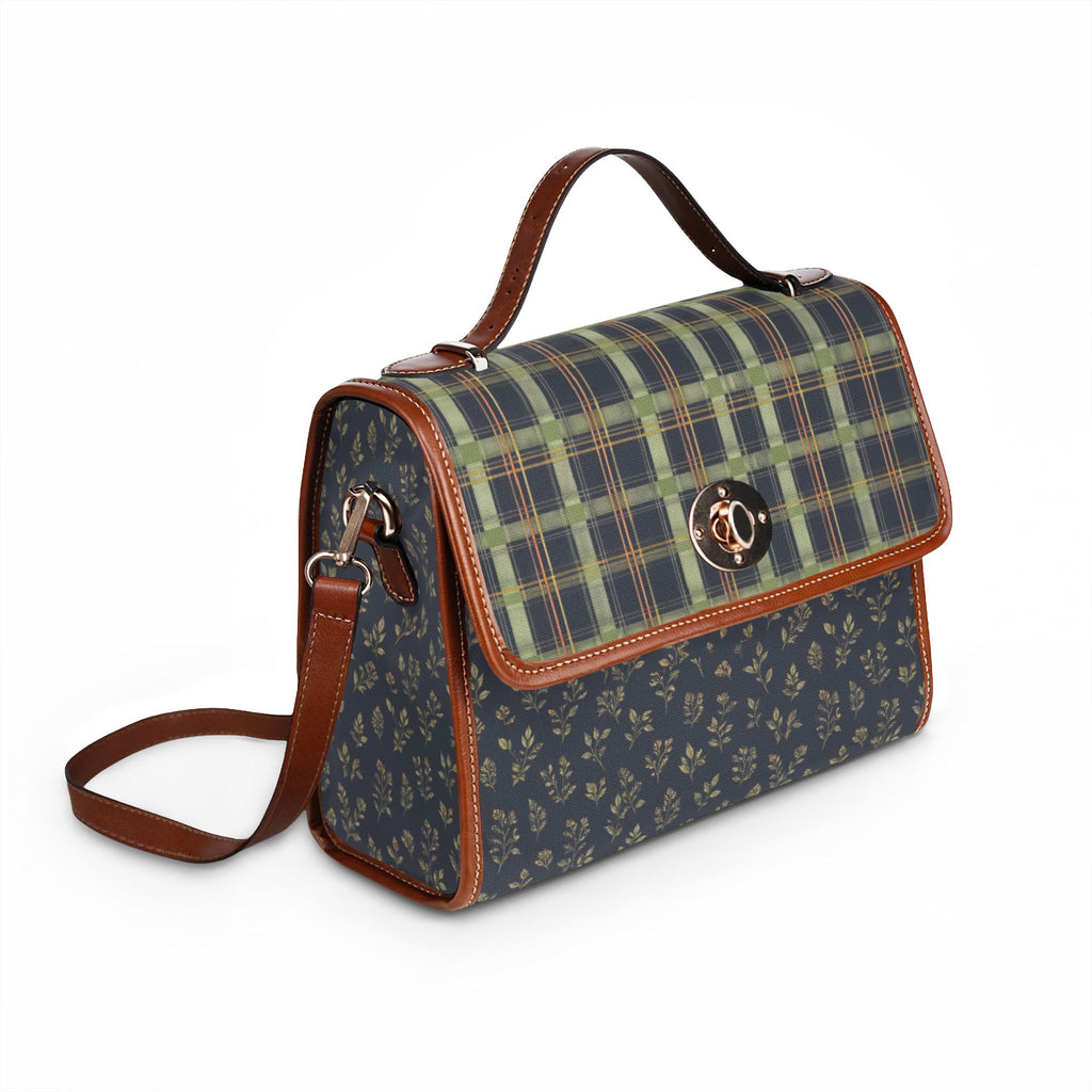 Waterproof Canvas Satchel — Green Plaid & Floral Print Tote Bag