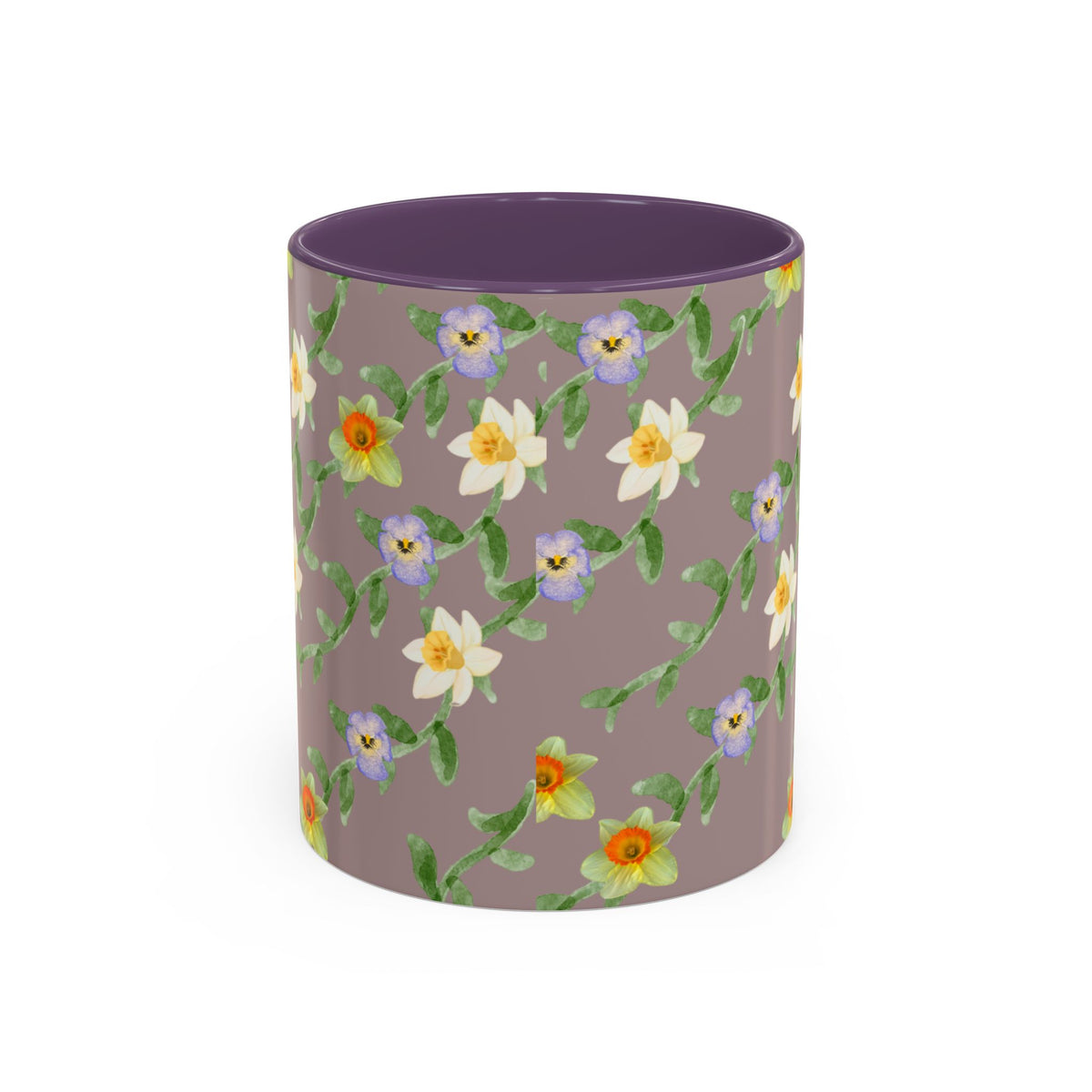 Floral Vine Accent Coffee Mug — Handpainted Daffodil & Violet Pattern (11/15oz)