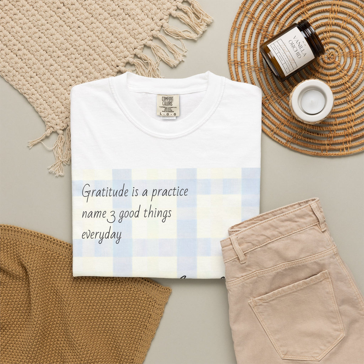 Gratitude Practice Tee — "thank you" Floral Plaid T-Shirt