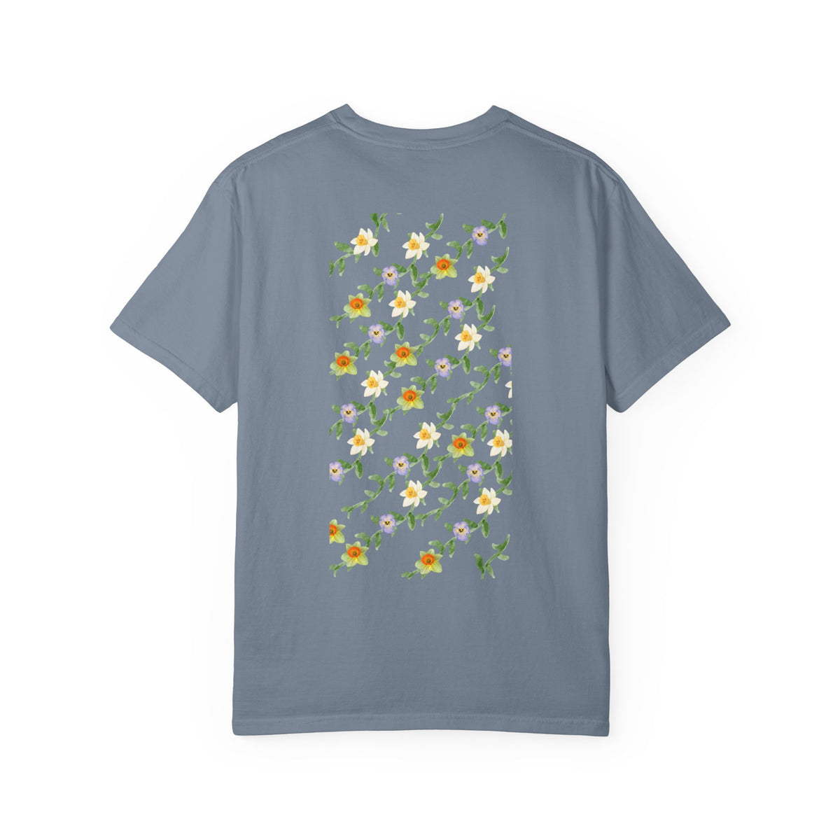 Floral Vine Pattern T-Shirt — Yellow & Purple Blossom Graphic Tee
