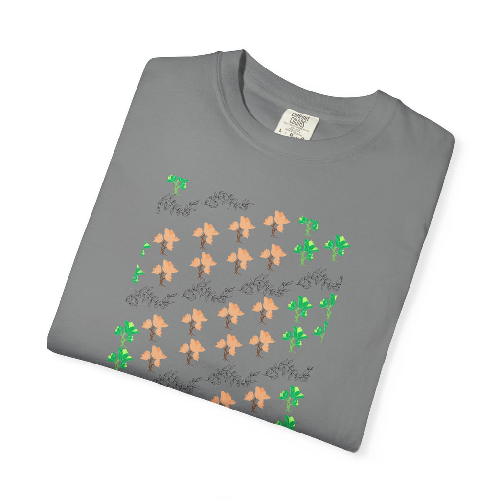 Floral Script T-Shirt — Peach Blossoms & Green Leaves Pattern