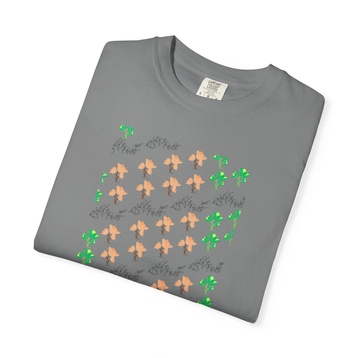 Floral Script T-Shirt — Peach Blossoms & Green Leaves Pattern
