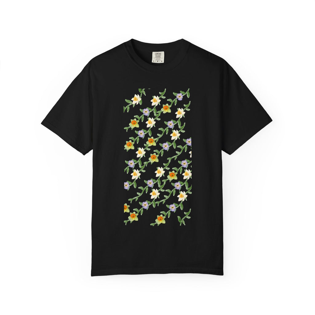 Floral Vine Pattern T-Shirt — Yellow & Purple Blossom Graphic Tee