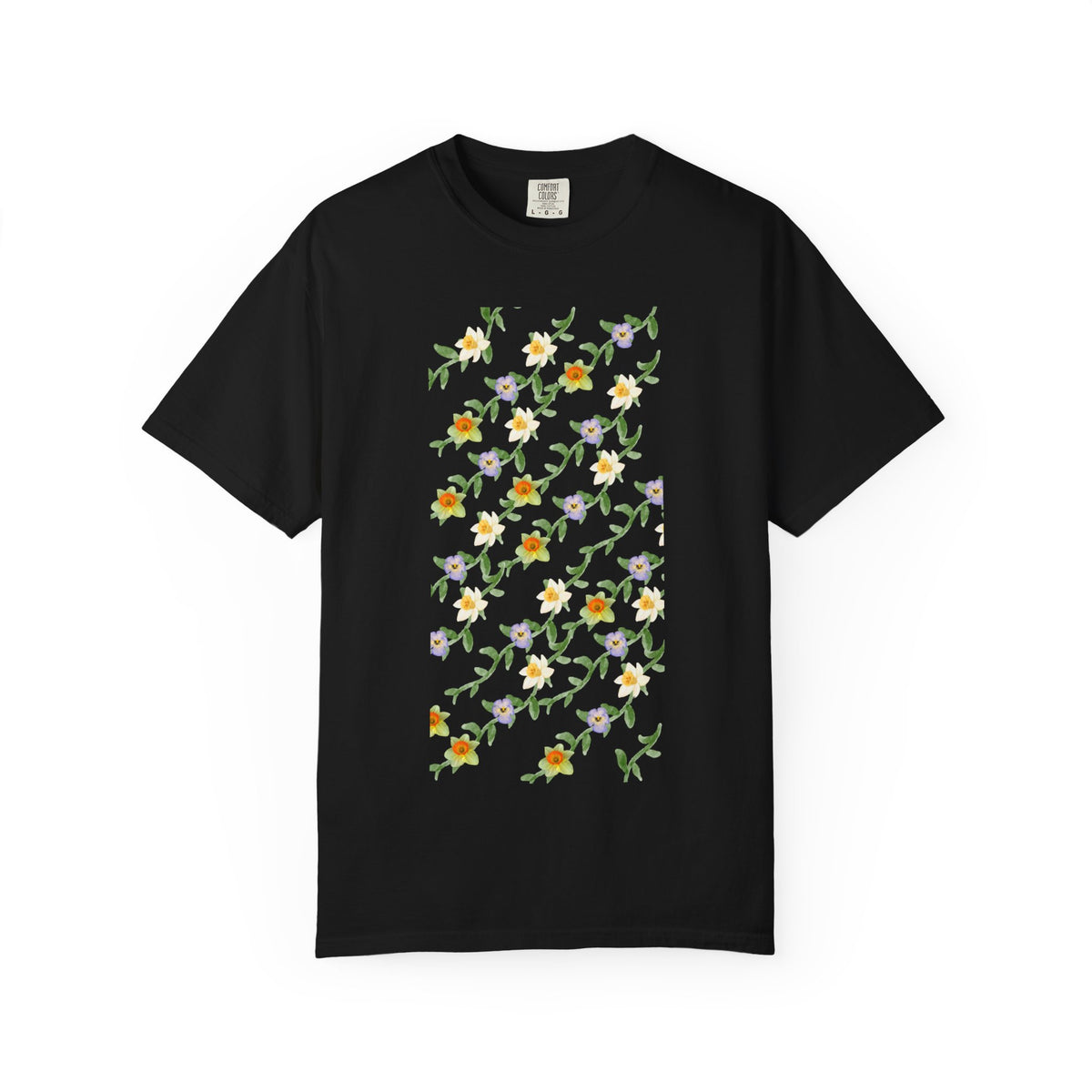 Floral Vine Pattern T-Shirt — Yellow & Purple Blossom Graphic Tee