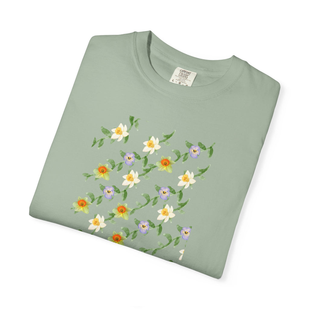 Floral Vine Pattern T-Shirt — Yellow & Purple Blossom Graphic Tee