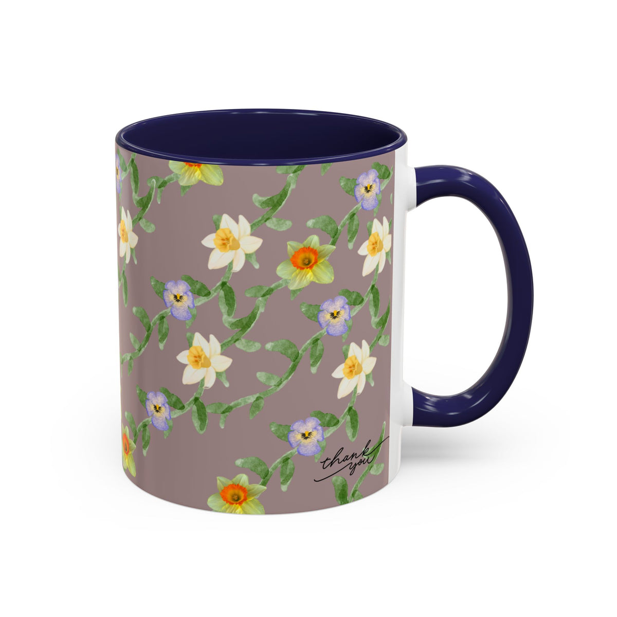 Floral Vine Accent Coffee Mug — Handpainted Daffodil & Violet Pattern (11/15oz)