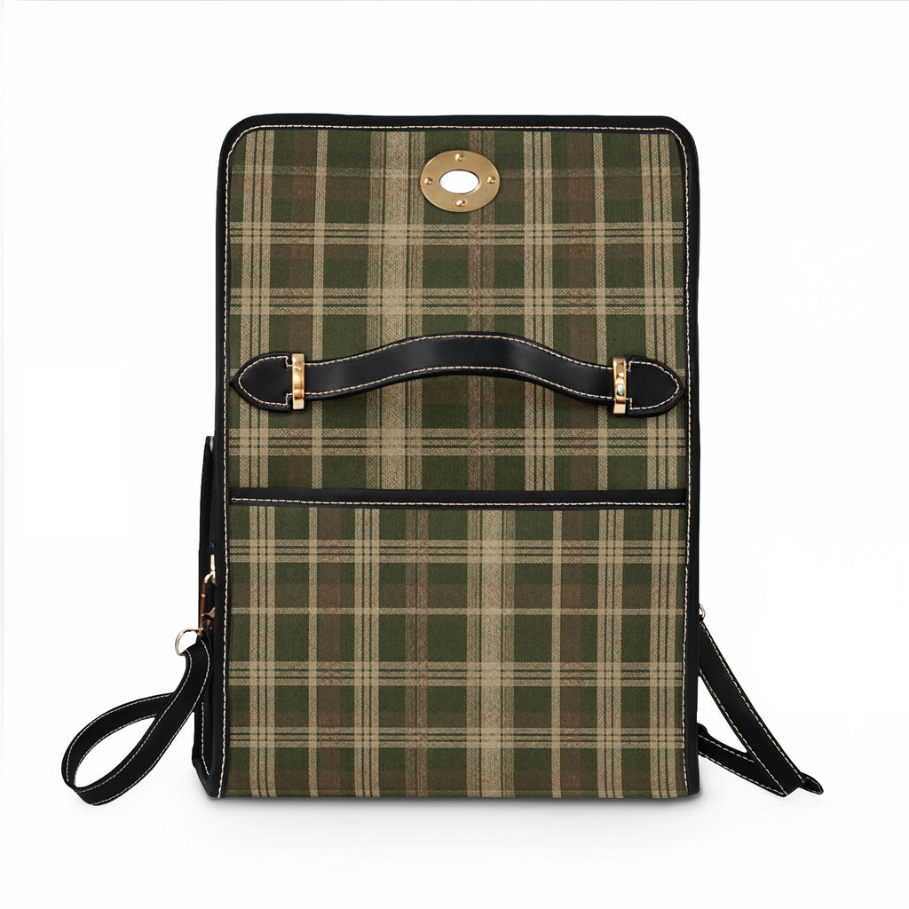 Waterproof Canvas Bag - Green Plaid Tote with Leather Trim