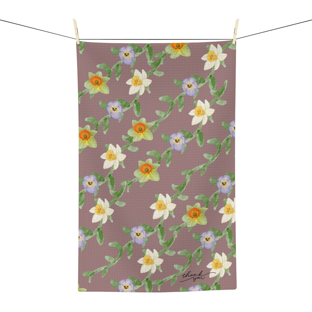 Floral Watercolor Microfiber Tea Towel — Pastel Daffodil & Violet Pattern