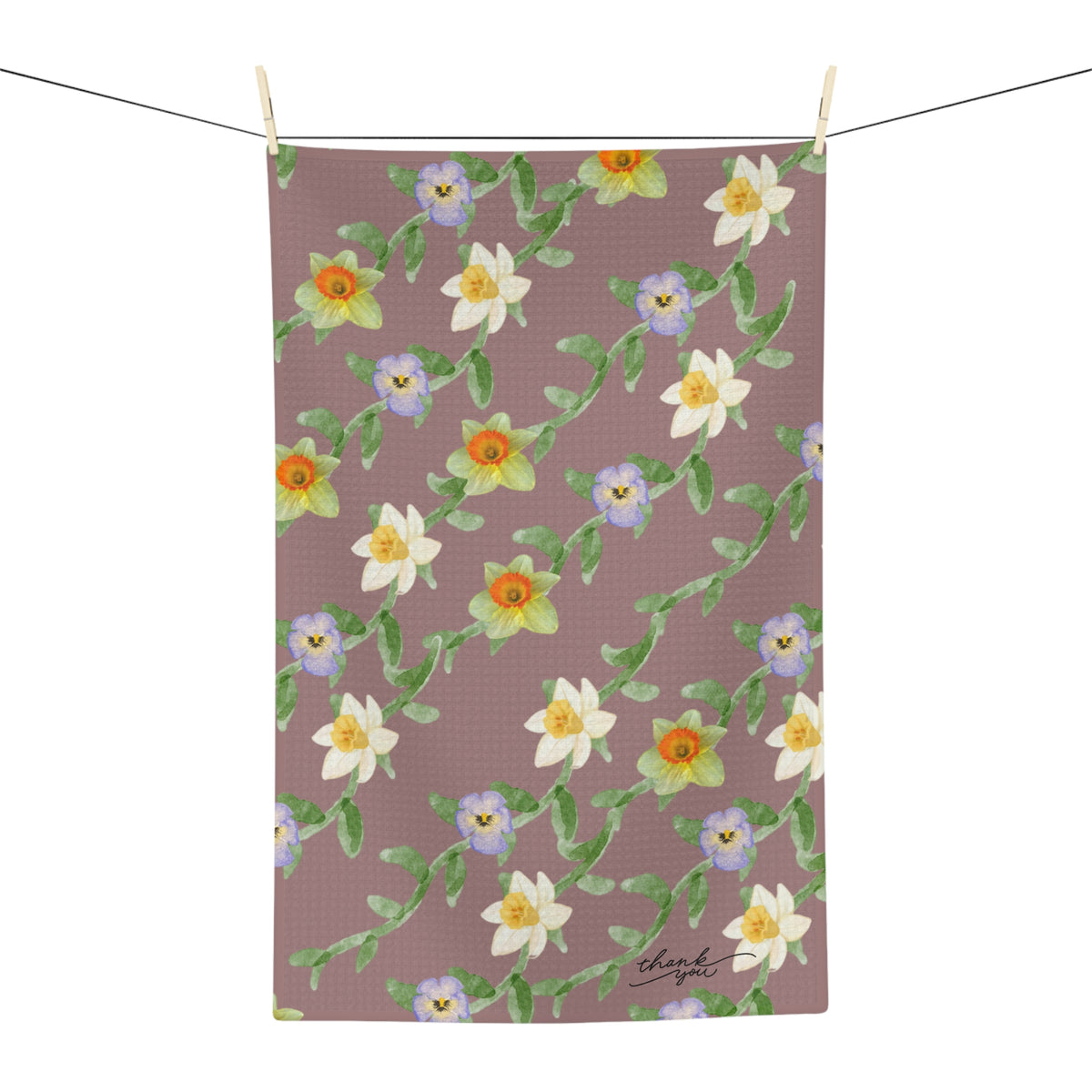 Floral Watercolor Microfiber Tea Towel — Pastel Daffodil & Violet Pattern